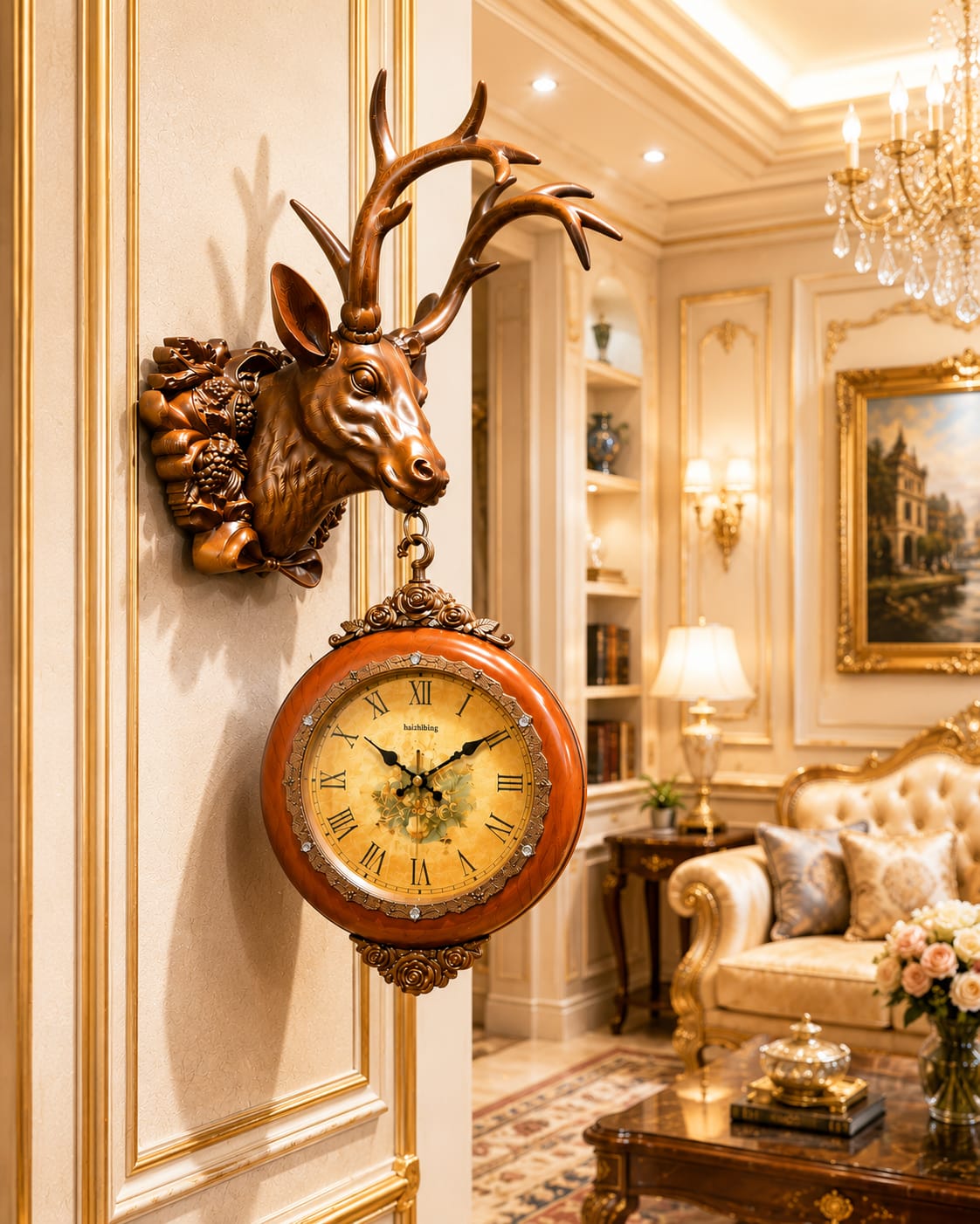Dual Dial Deer Hanging Wall Clock - Luxury Vintage Decorative Clock