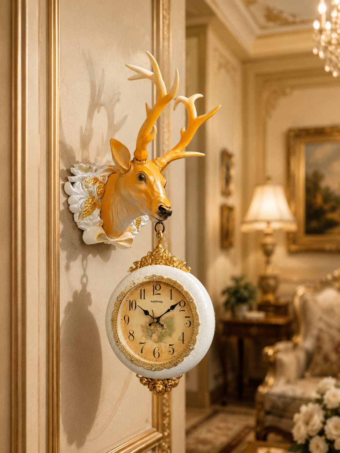 Dual Dial Deer Hanging Wall Clock - Luxury Vintage Decorative Clock