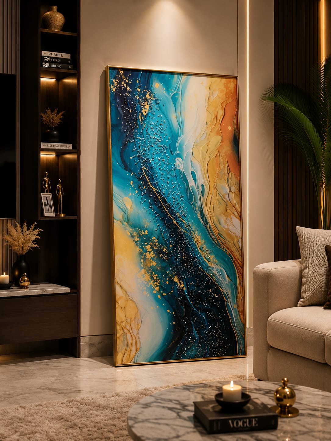 Luxury Crystal Glass Painting with Metal Frame | Abstract Blue & Gold Wall Art