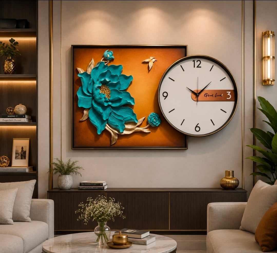 3D Turquoise Floral Wall Clock Painting - Luxury Statement Decor