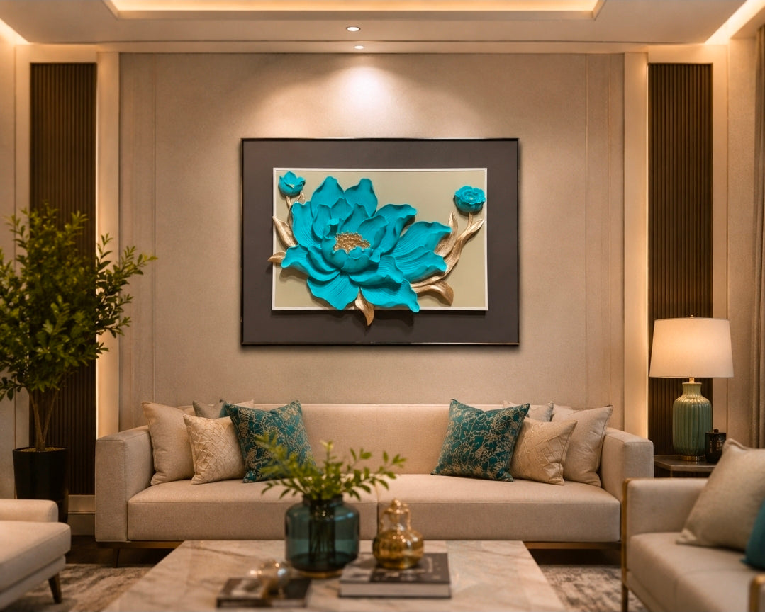 3D Turquoise Bloom Wall Painting - Luxury Floral Statement Decor