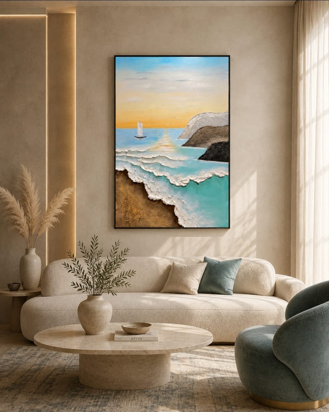 3D Handmade Ocean Waves Wall Painting with Metal Frame - Luxury Coastal Decor