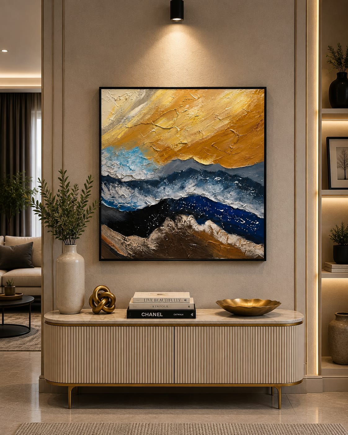 Golden Blue Ocean 3D Handmade Wall Painting with Metal Frame