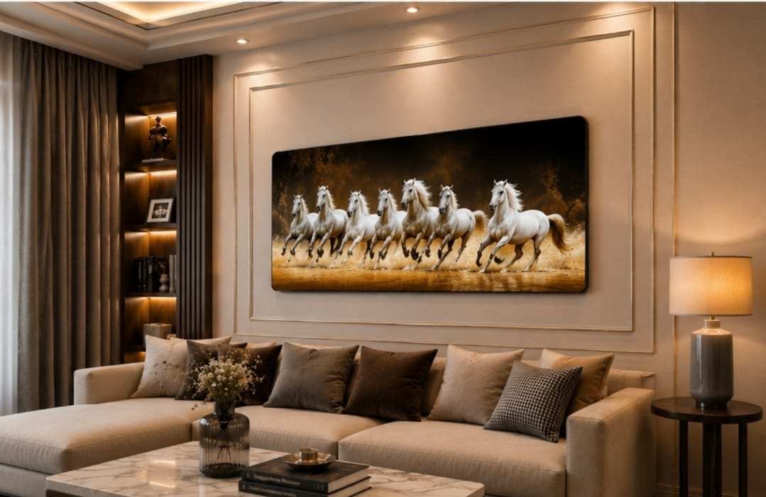 7 White Running Horses Crystal Painting with Metal Frame