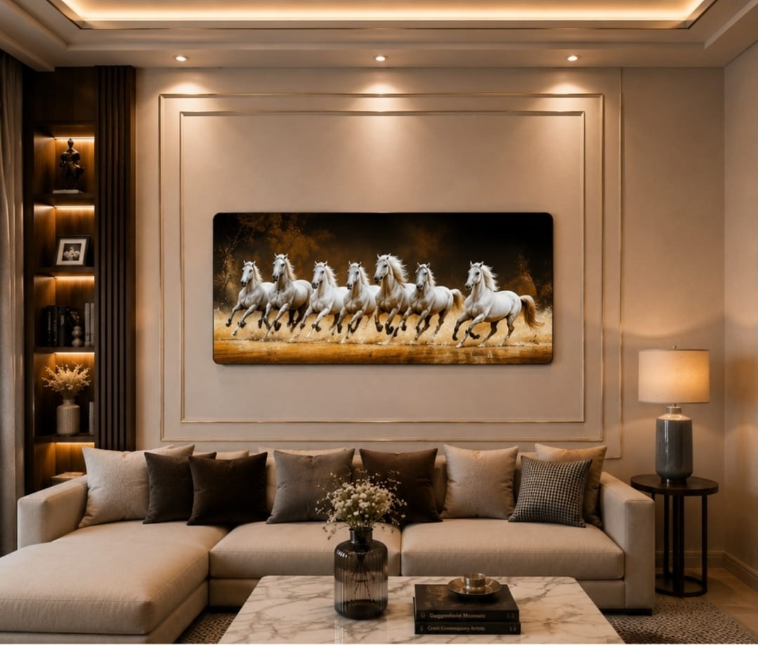 7 White Running Horses Crystal Painting with Metal Frame