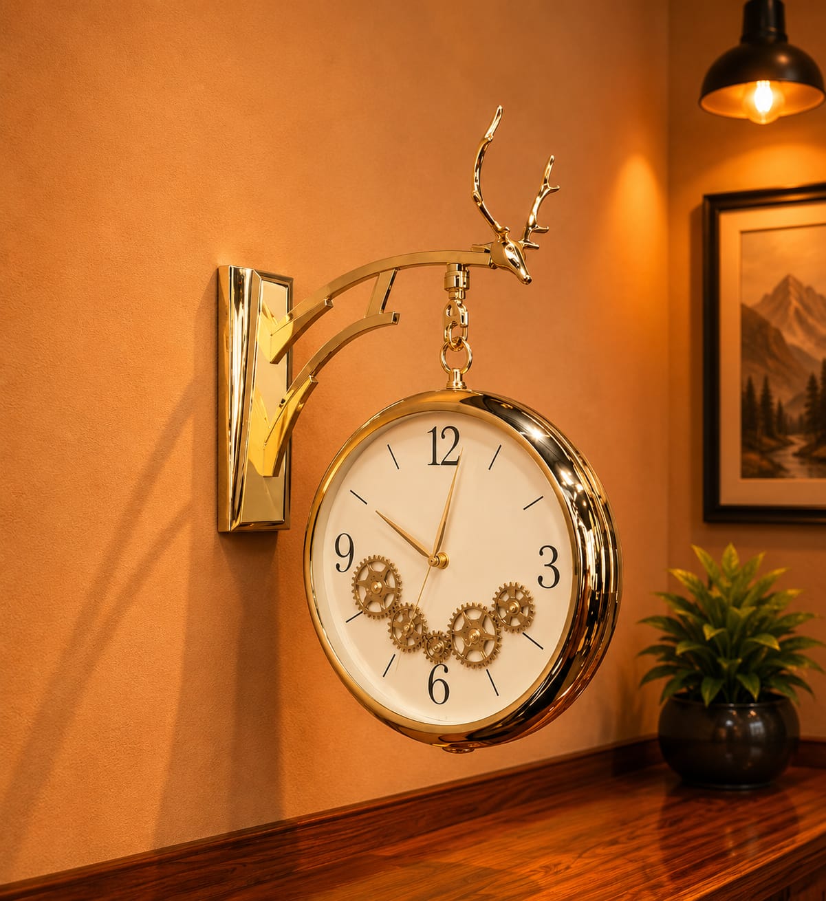 Luxury Dual Dial Hanging Wall Clock with Moving Gears