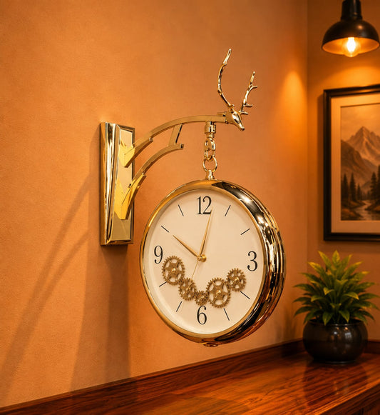 Luxury Dual Dial Hanging Wall Clock with Moving Gears