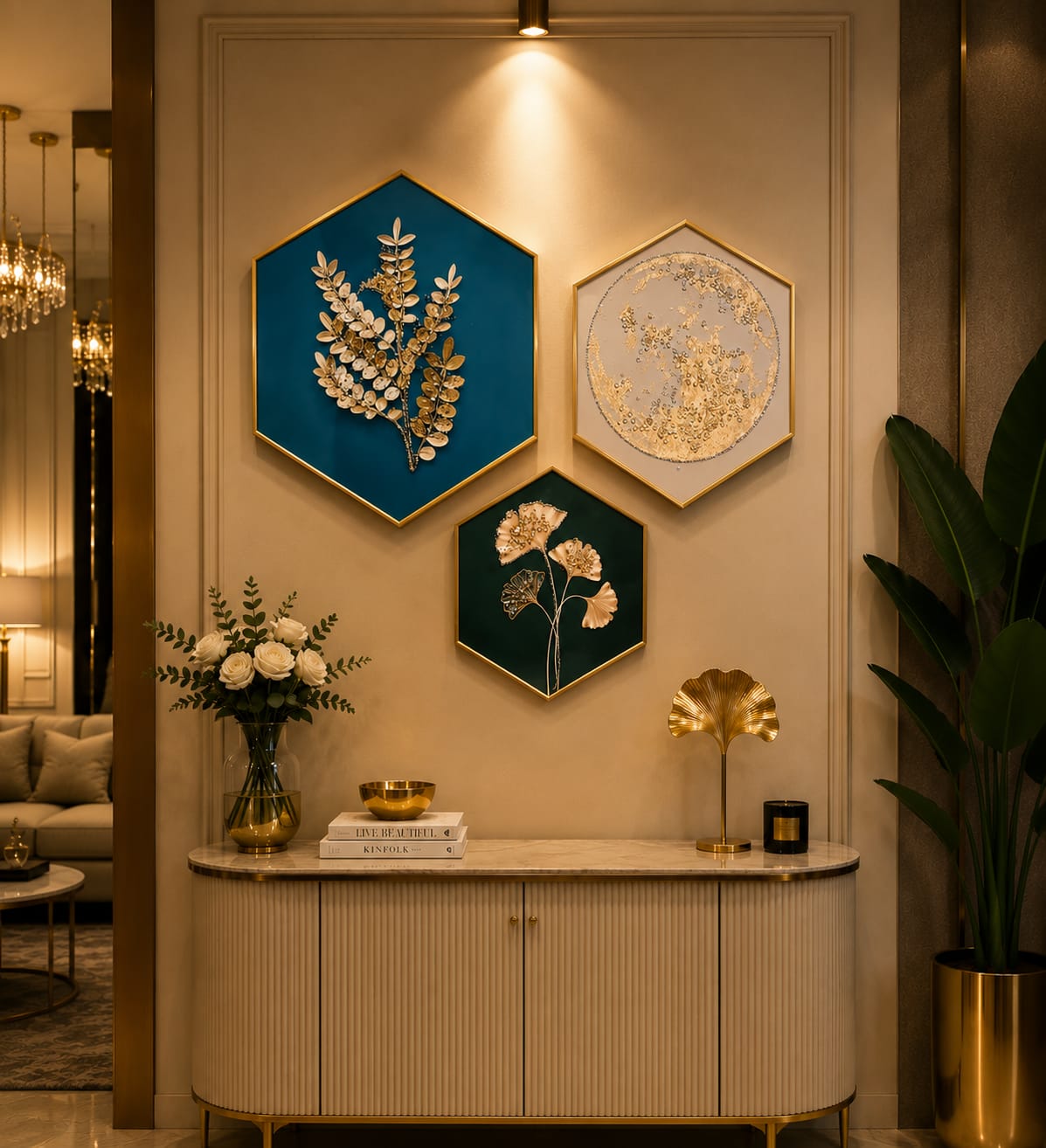Luxury Golden Botanical Hexagon Wall Art Set