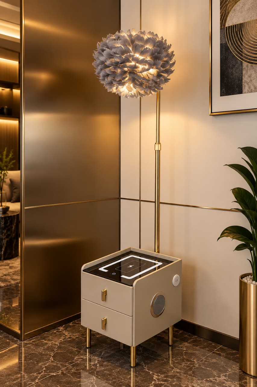 Luxury Floral Table Lamp with Drawer, Bluetooth Speaker & Wireless Charging