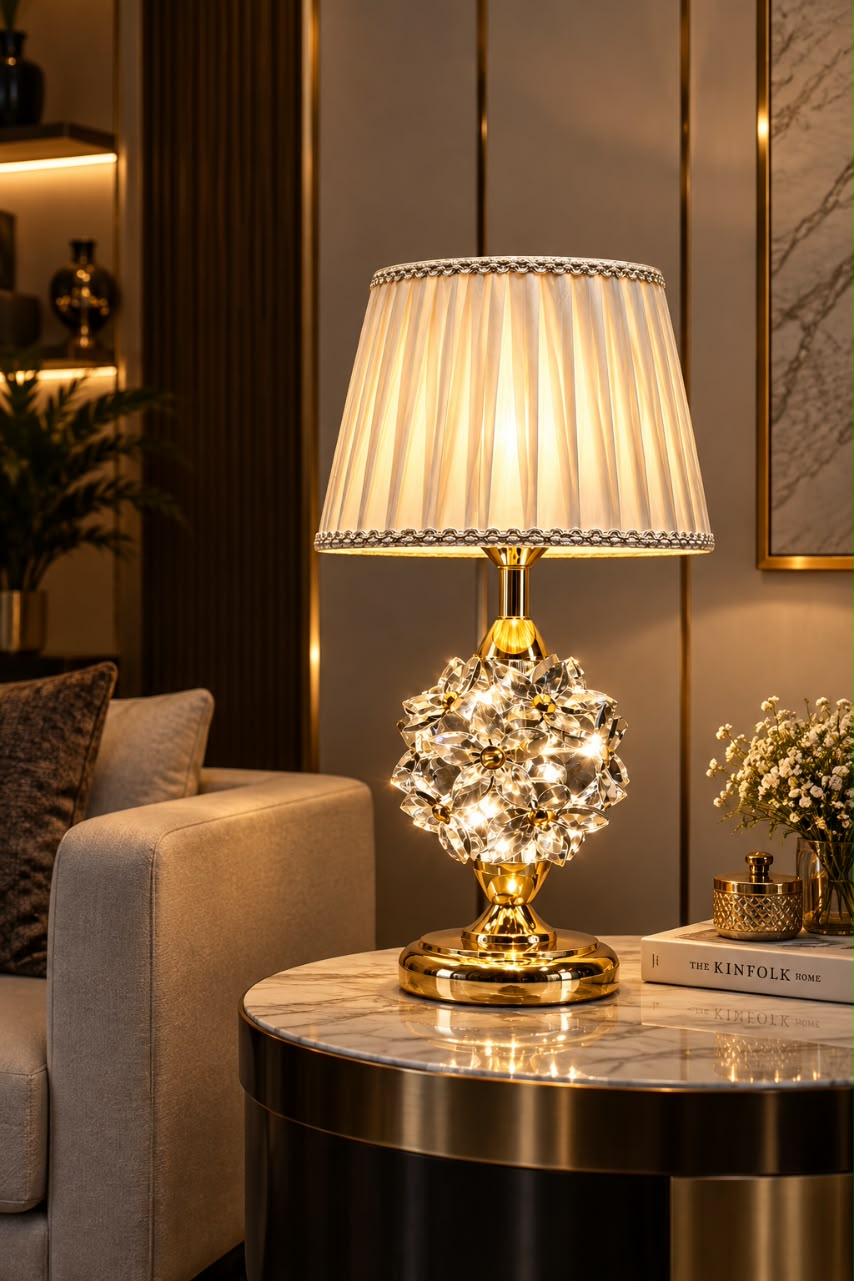 Luxury Crystal Flower Table Lamp with Clock