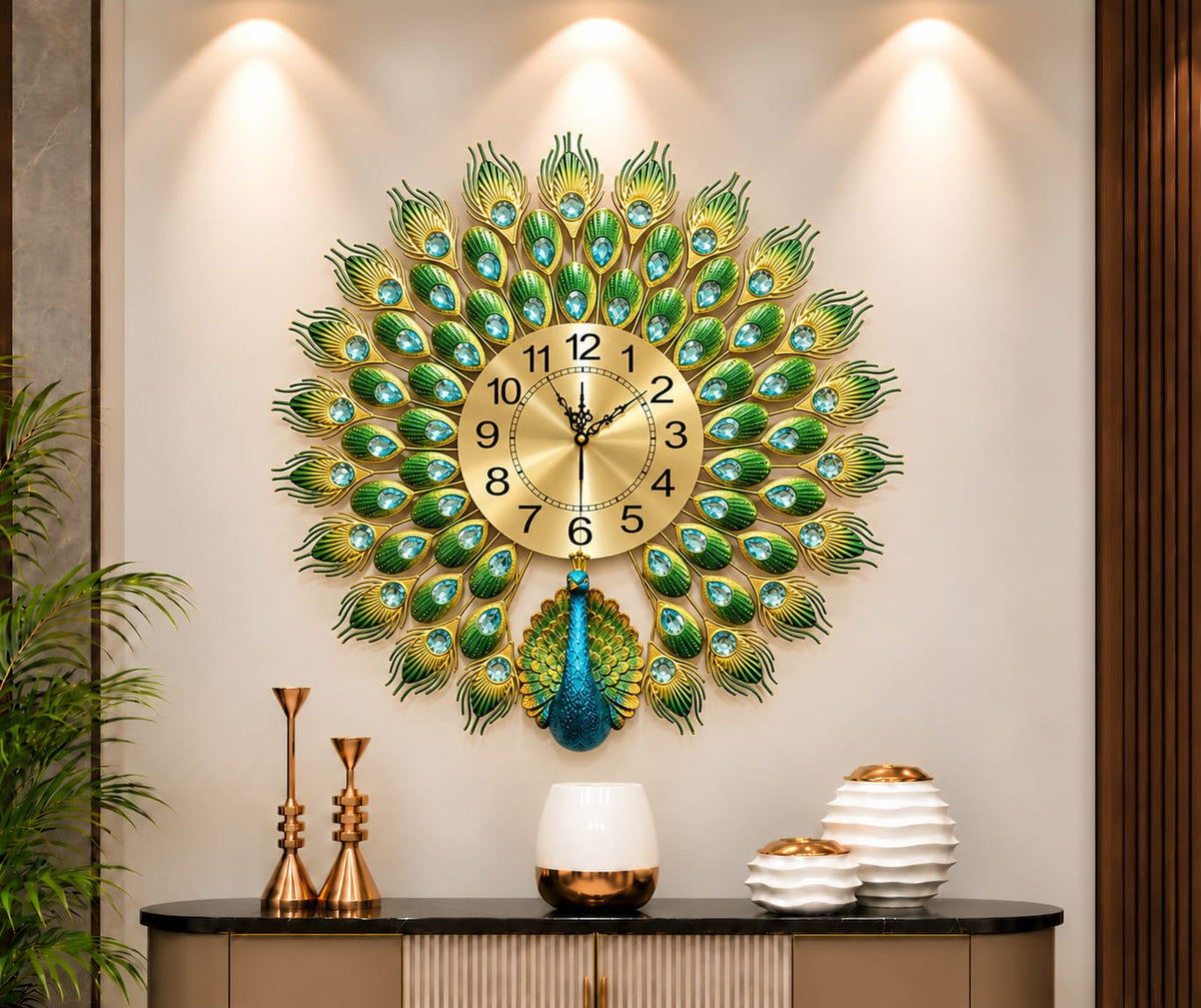 🦚 Imported Peacock Wall Clock Premium Golden & Green Design ✨