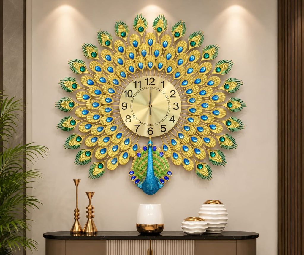 🦚 Imported Peacock Wall Clock Royal Blue & Golden Luxury ✨