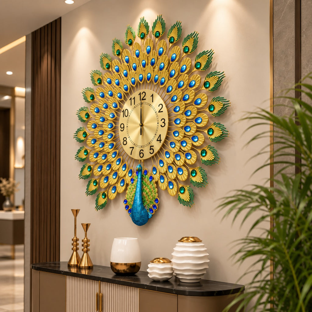 🦚 Imported Peacock Wall Clock Royal Blue & Golden Luxury ✨