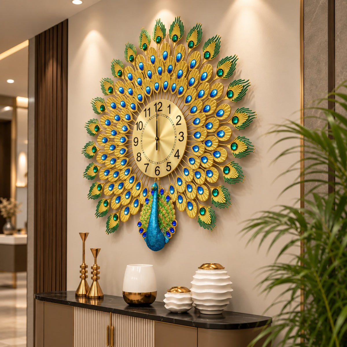 🦚 Imported Peacock Wall Clock Royal Blue & Golden Luxury ✨