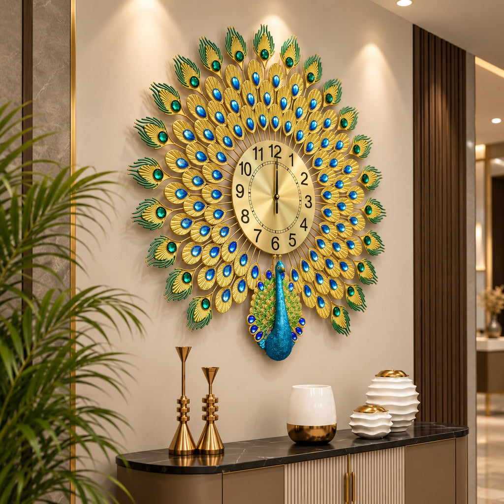 🦚 Imported Peacock Wall Clock Royal Blue & Golden Luxury ✨