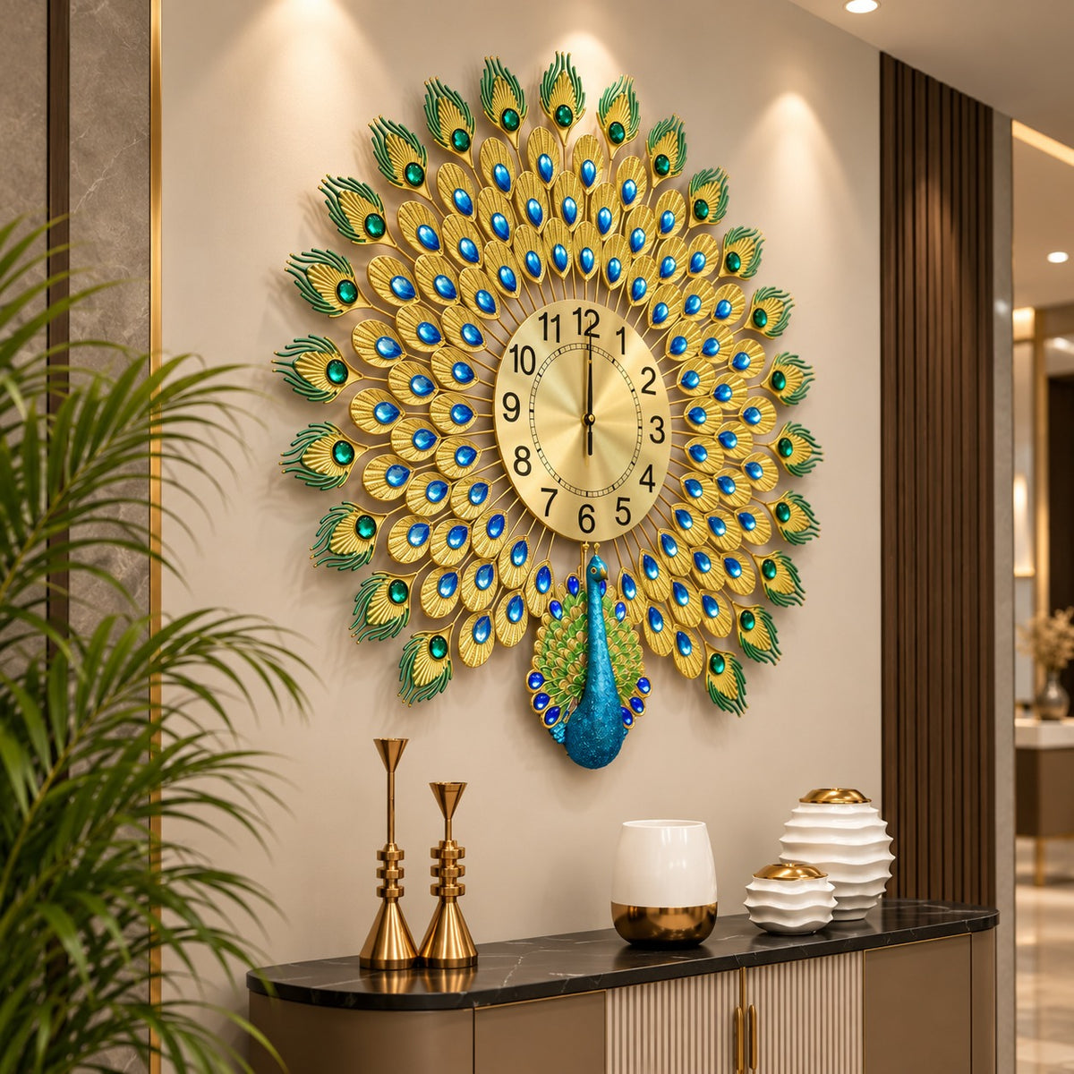 🦚 Imported Peacock Wall Clock Royal Blue & Golden Luxury ✨