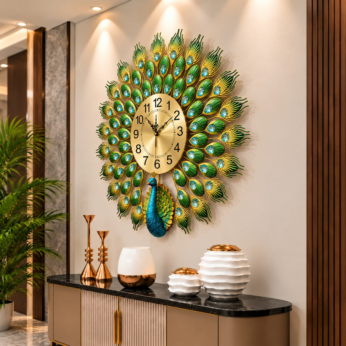 🦚 Imported Peacock Wall Clock Premium Golden & Green Design ✨