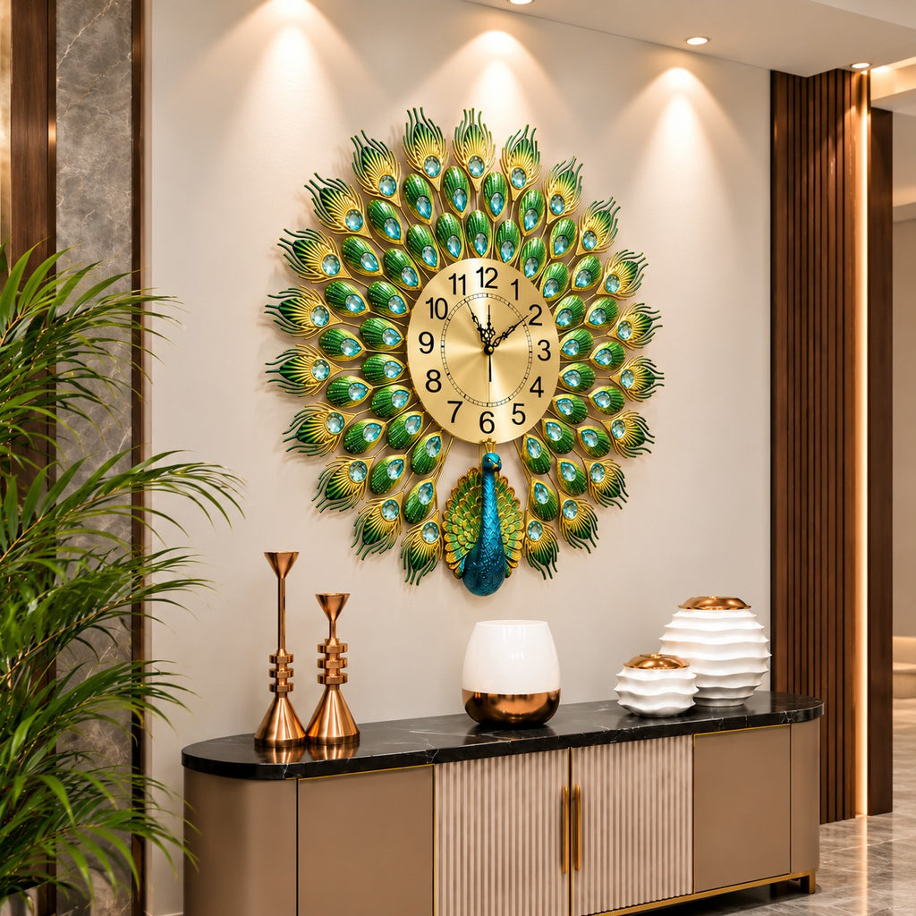 🦚 Imported Peacock Wall Clock Premium Golden & Green Design ✨