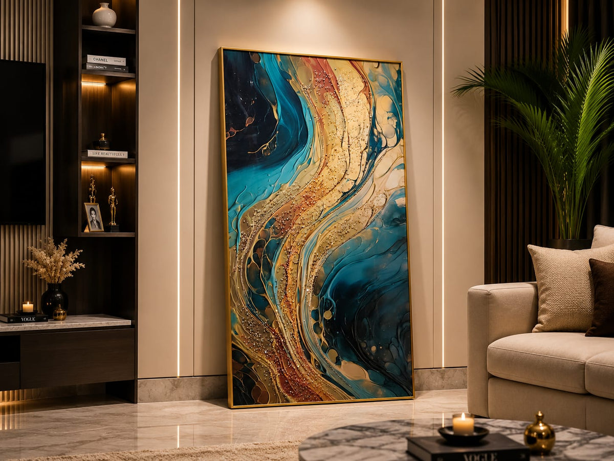 Elegant Abstract Crystal Glass Painting with Metal Frame