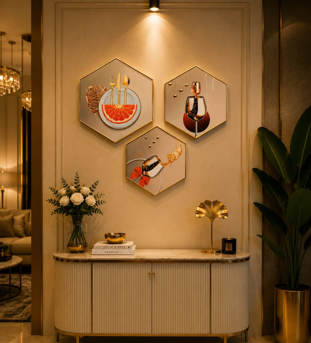 Luxury Golden Botanical Hexagon Wall Art Set