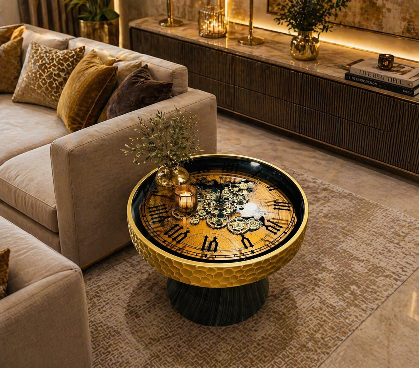Royal Vintage Golden Clock Center Table