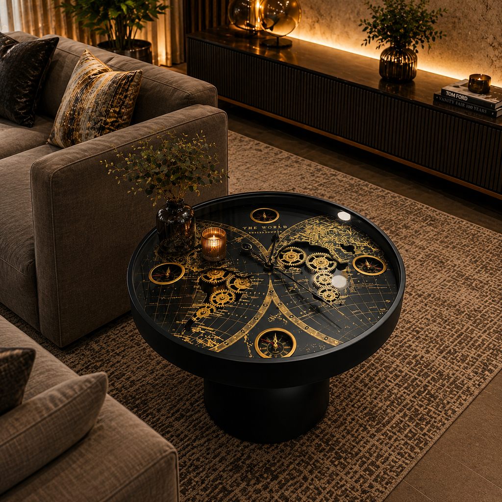 Luxury World Map Clock Center Table