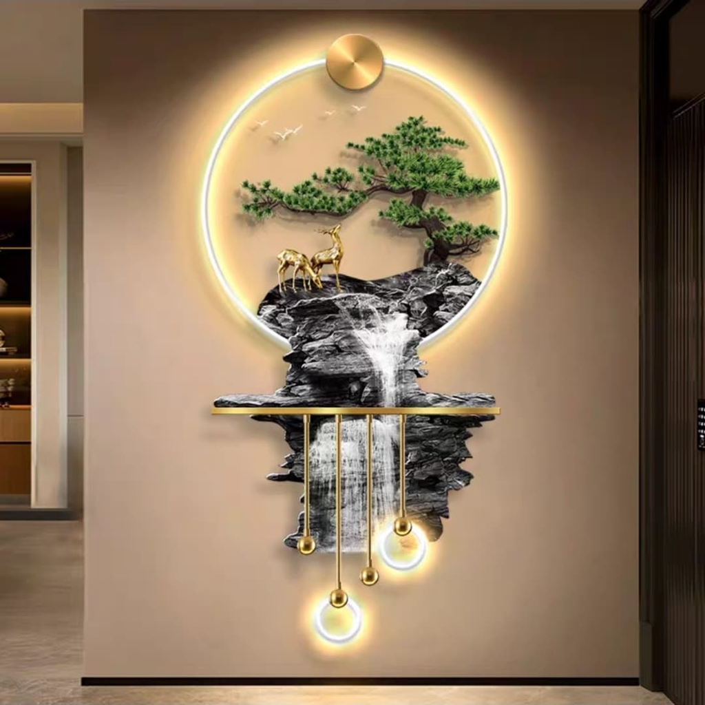 led crystal painting Enchanted Mountain Vista: LED Crystal Wall Art with Waterfall & Deer (3D Relief)