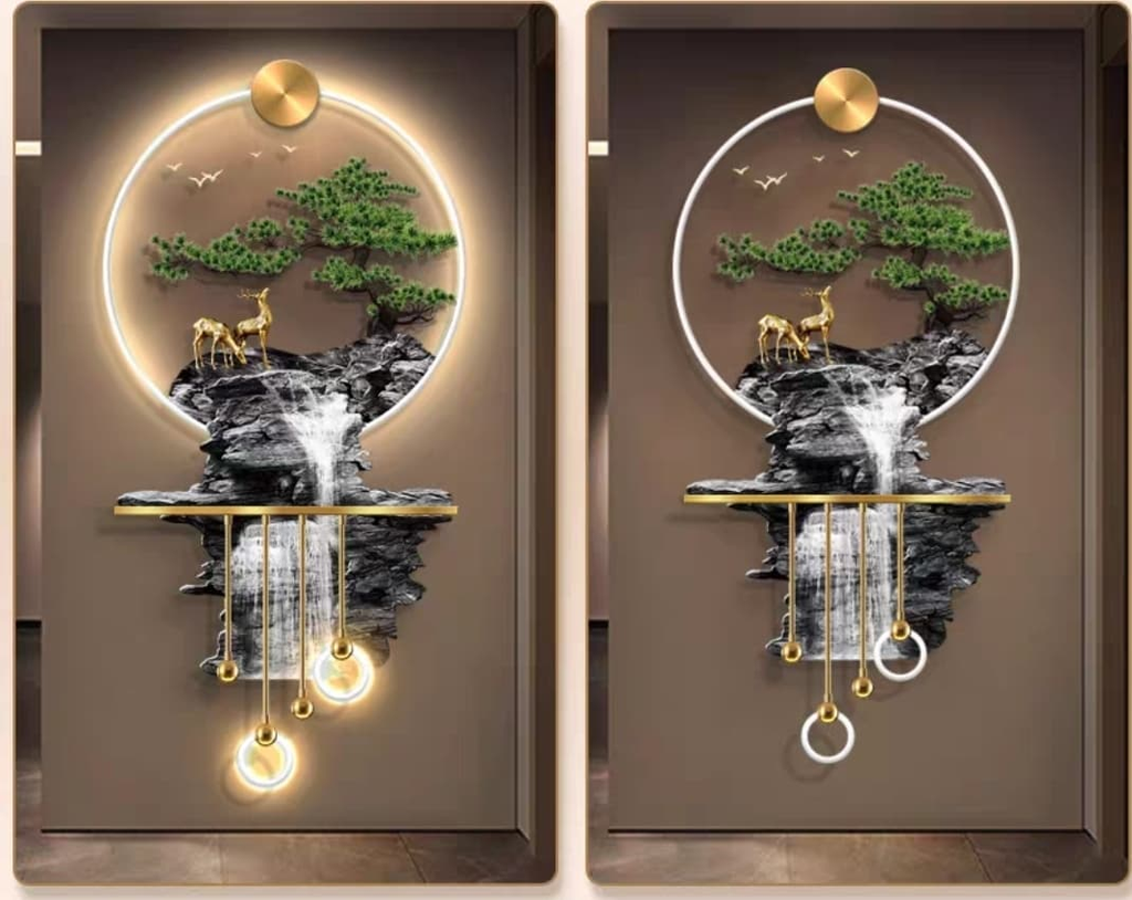 led crystal painting Enchanted Mountain Vista: LED Crystal Wall Art with Waterfall & Deer (3D Relief)