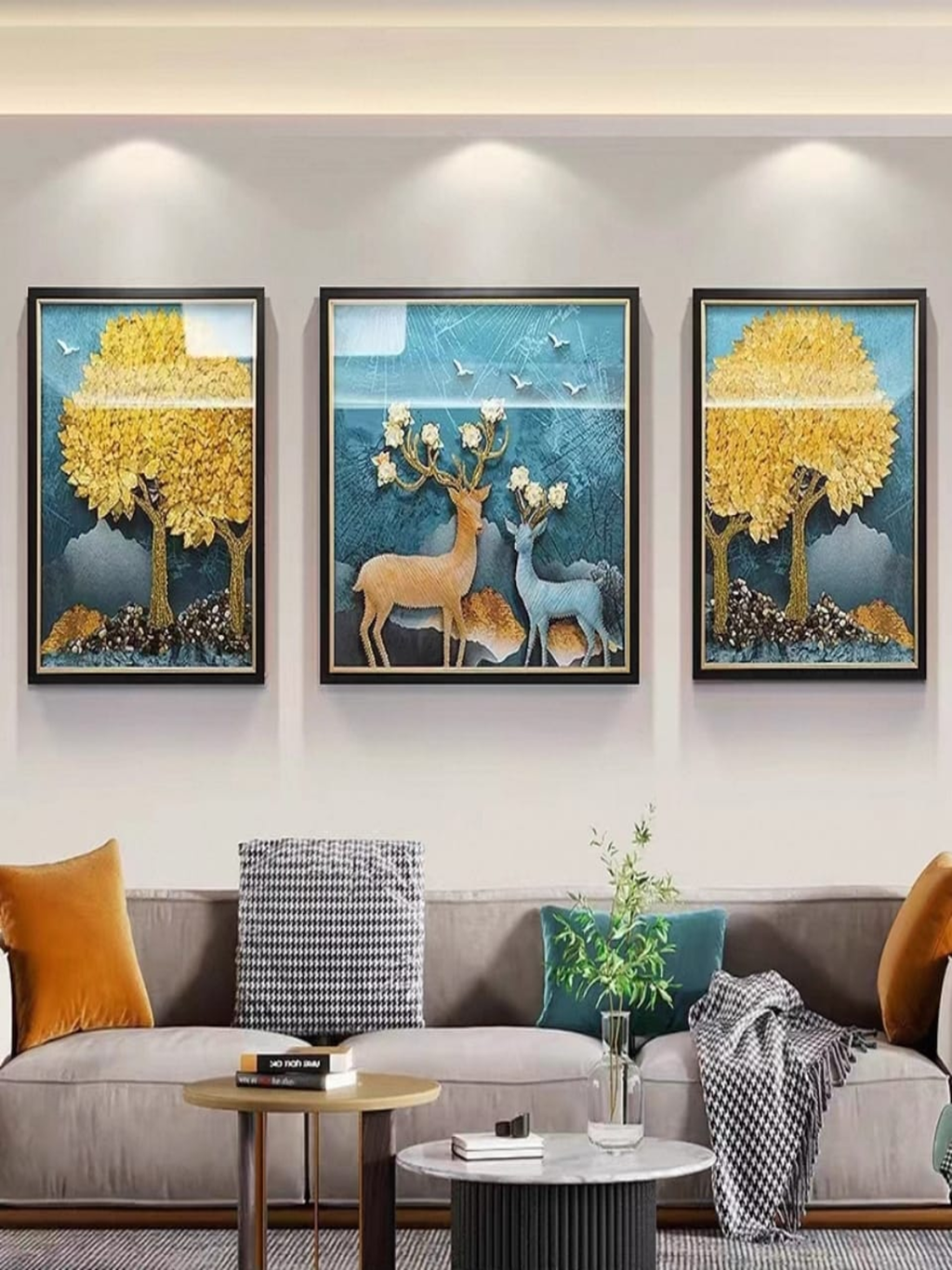 Shadow Box Paintings Enchanted Forest Golden Tree & Deer 3D Shadow Box Wall Art Set