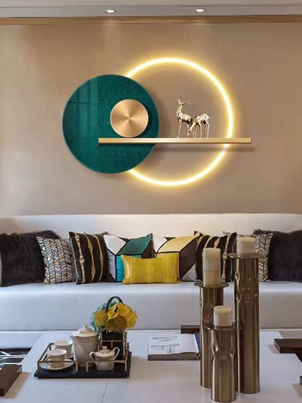 LED Metal Art Nordic Circular LED Wall Sconce with Geometric Metal Accents and Shelf
