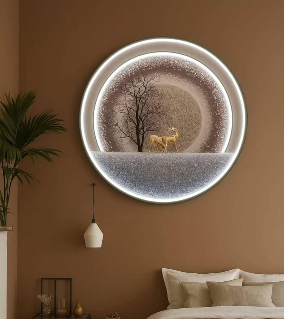 LED Crystal Paintings Circular Mountain Vista LED Crystal Wall Art with Waterfall