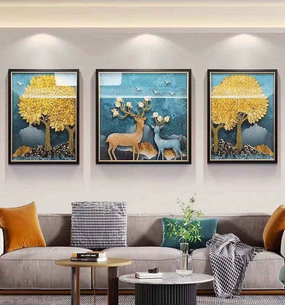 Shadow Box Paintings Enchanted Forest Golden Tree & Deer 3D Shadow Box Wall Art Set