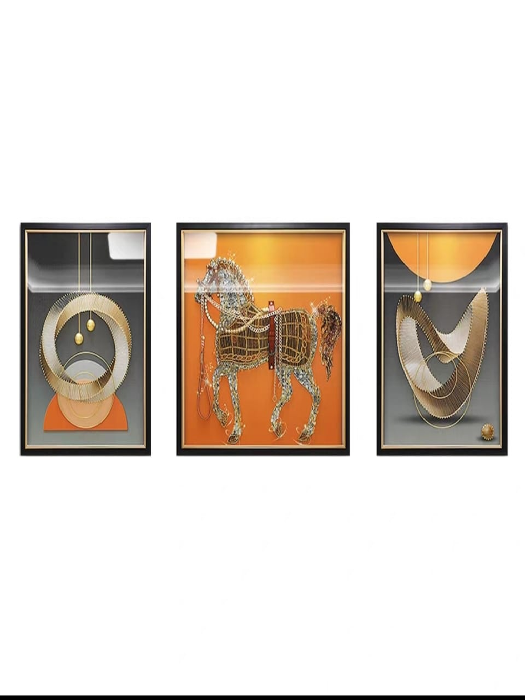 Shadow Box Paintings Opulent Hermes-Inspired Horse & Abstract 3D Shadow Box Wall Art Set