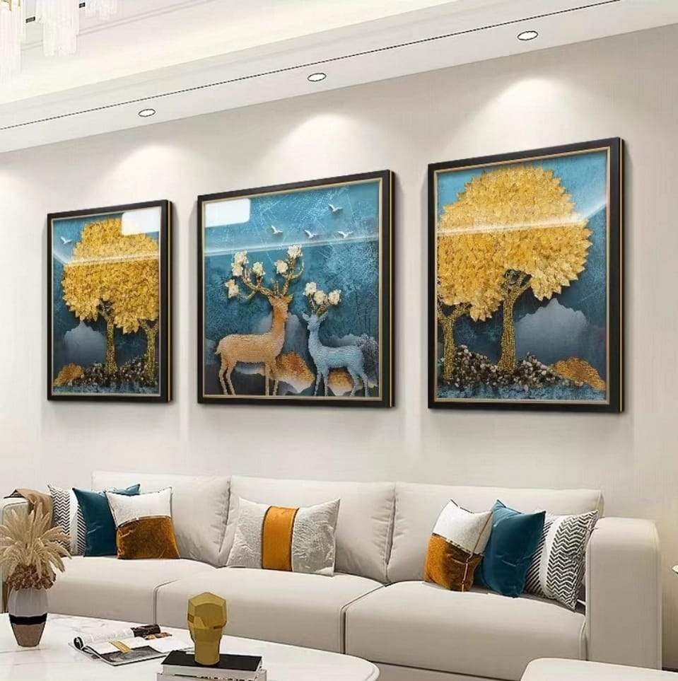 Shadow Box Paintings Enchanted Forest Golden Tree & Deer 3D Shadow Box Wall Art Set