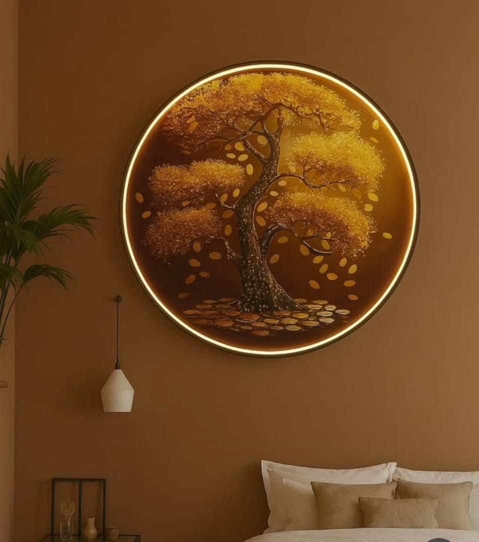 LED Crystal Paintings Circular Mountain Vista LED Crystal Wall Art with Waterfall