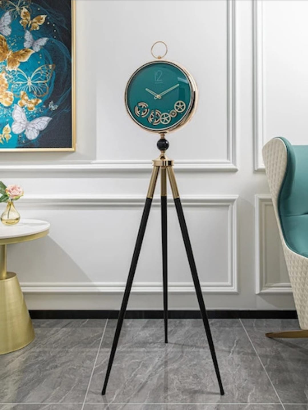 Tripod clocks Luxury Tripod Standing Clock with Modern Gear Design & Gold Frame