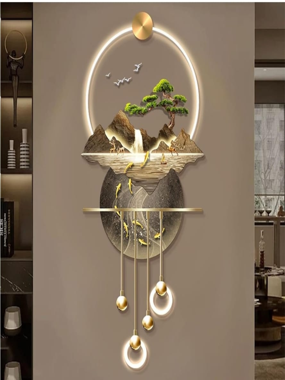 LED Crystal Paintings Zen Cascade: Luminous Mountain & Fish LED Crystal Wall Art with Pendulum Accents