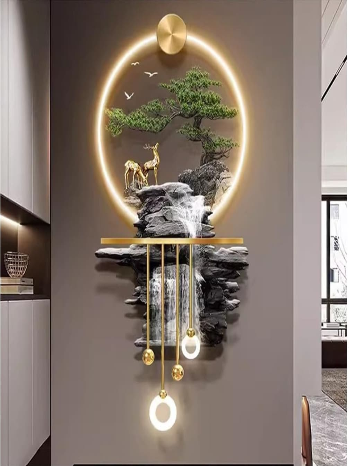 led crystal painting Enchanted Mountain Vista: LED Crystal Wall Art with Waterfall & Deer (3D Relief)