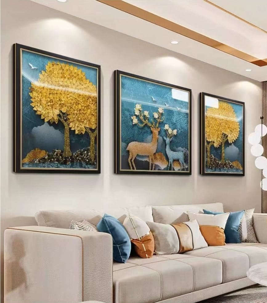 Shadow Box Paintings Enchanted Forest Golden Tree & Deer 3D Shadow Box Wall Art Set