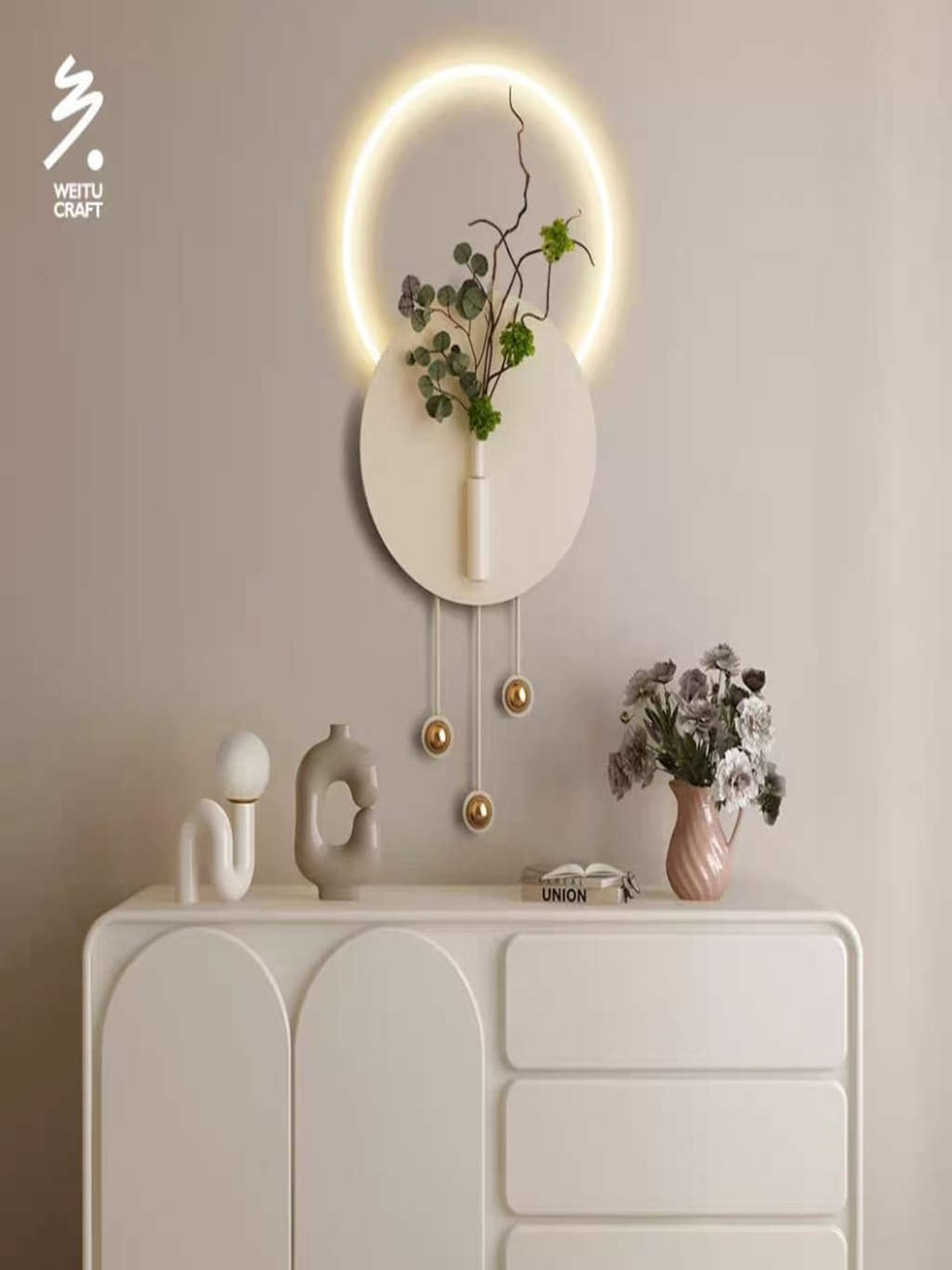 LED Metal Wall Art Modern Minimalist LED Circle Wall Sconce with Floral Accent