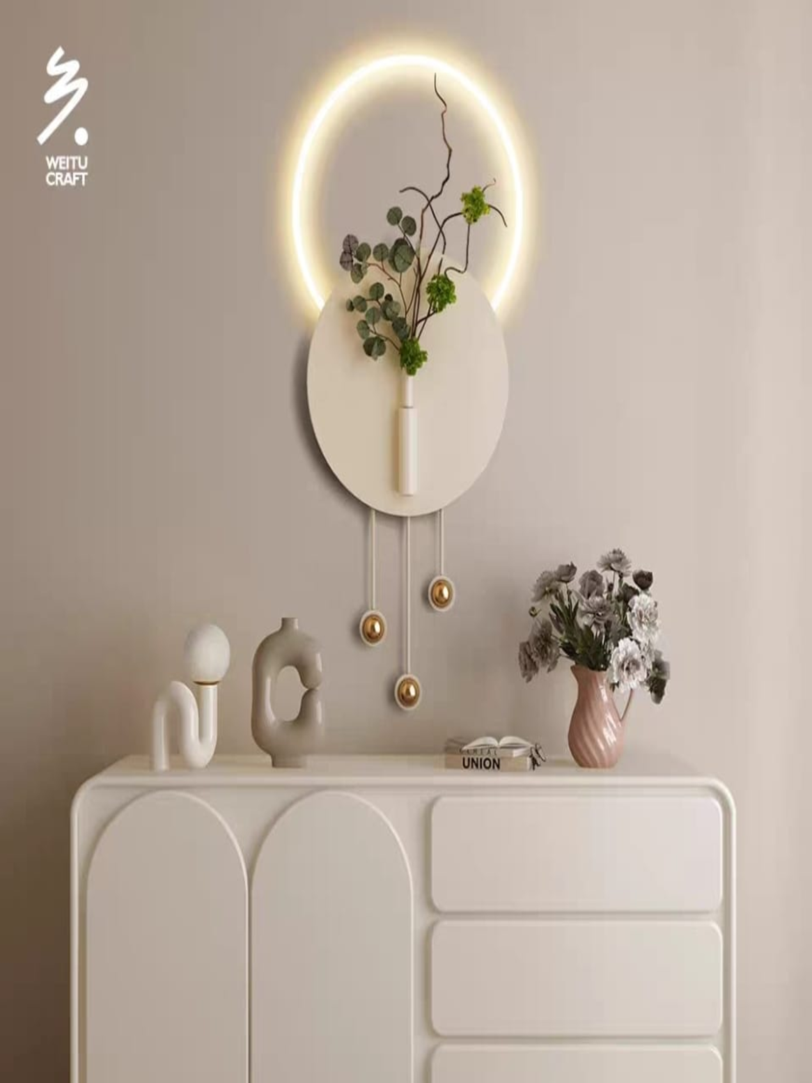 LED Metal Wall Art Modern Minimalist LED Circle Wall Sconce with Floral Accent