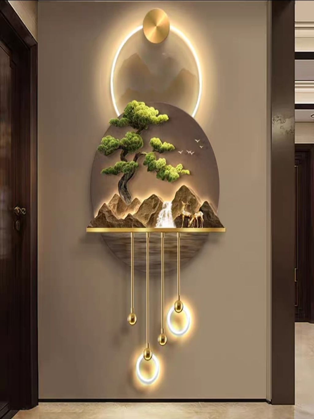 LED Crystal Paintings Zen Mountain Gateway: Illuminated LED Crystal Art with Bonsai & Golden Deer