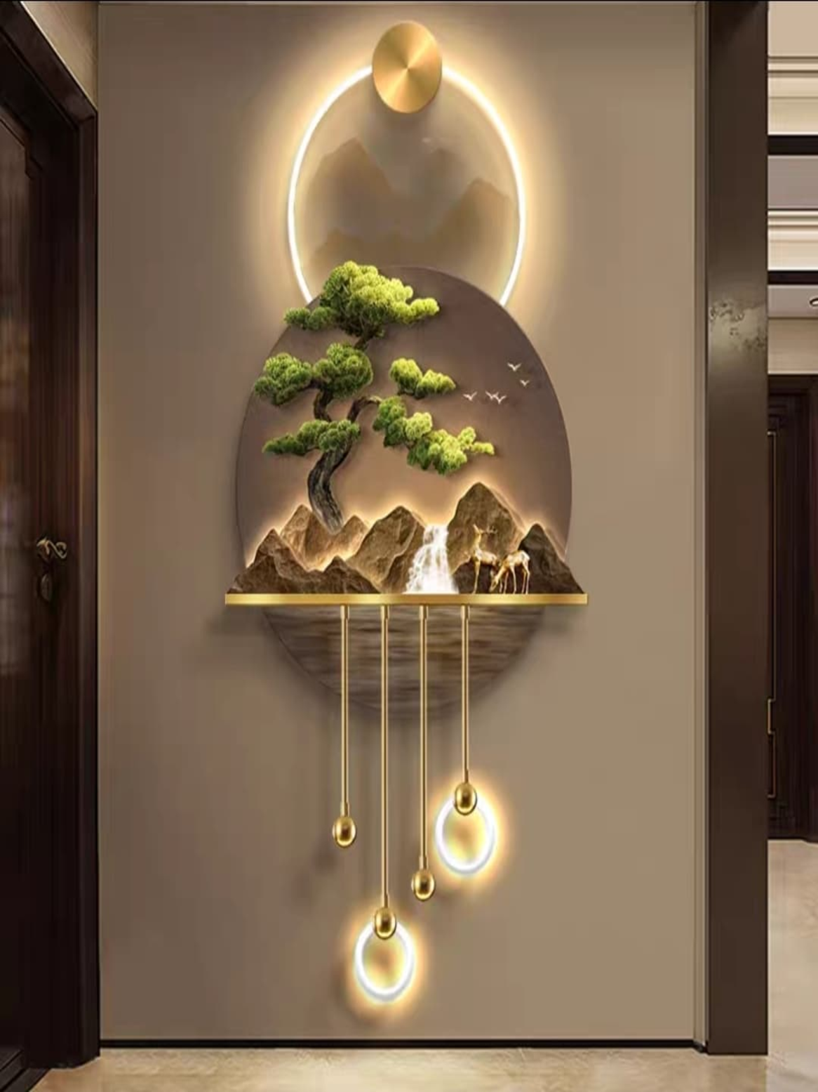LED Crystal Paintings Zen Mountain Gateway: Illuminated LED Crystal Art with Bonsai & Golden Deer