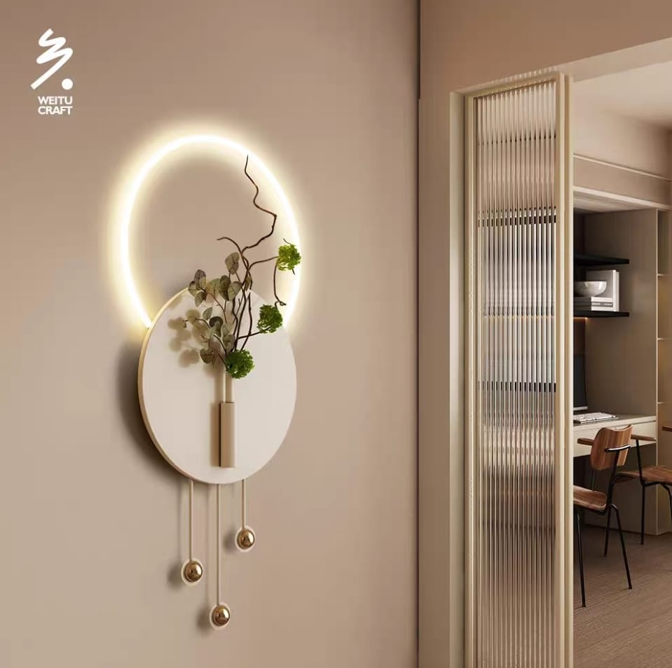 LED Metal Wall Art Modern Minimalist LED Circle Wall Sconce with Floral Accent