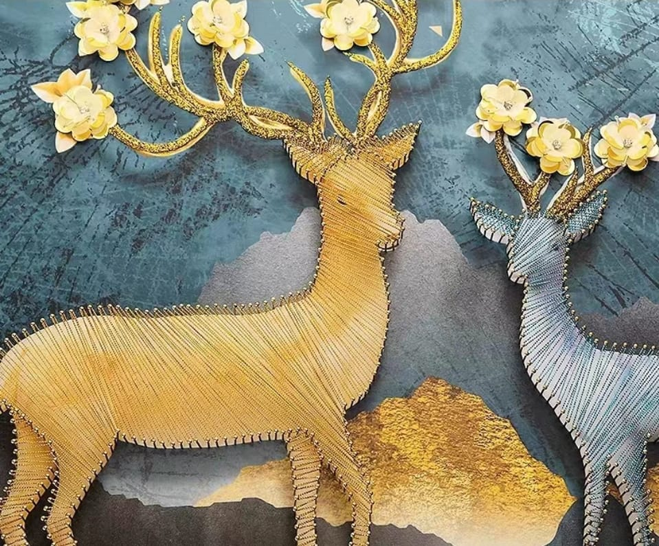 Shadow Box Paintings Enchanted Forest Golden Tree & Deer 3D Shadow Box Wall Art Set