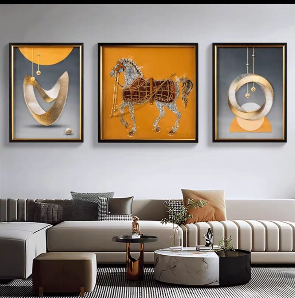 Shadow Box Paintings Opulent Hermes-Inspired Horse & Abstract 3D Shadow Box Wall Art Set