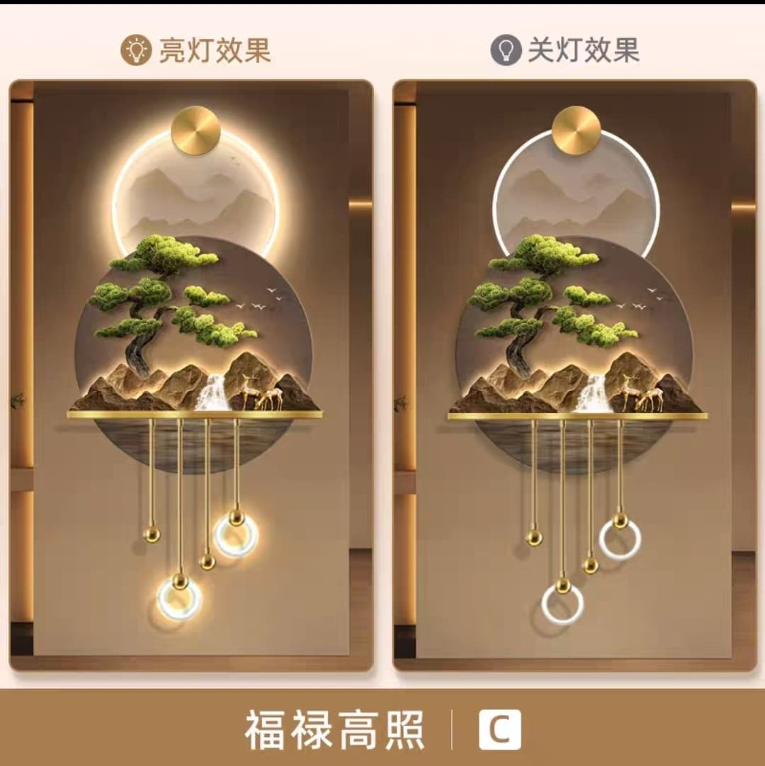 LED Crystal Paintings Zen Mountain Gateway: Illuminated LED Crystal Art with Bonsai & Golden Deer