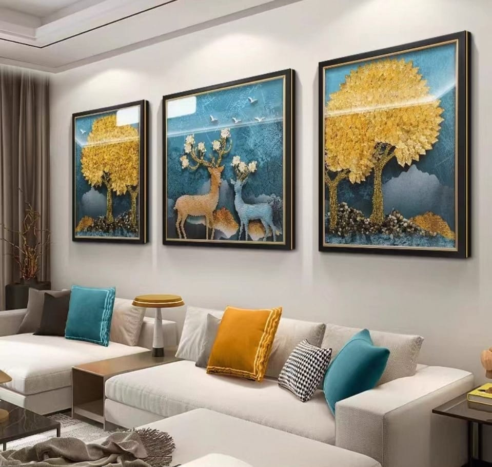 Shadow Box Paintings Enchanted Forest Golden Tree & Deer 3D Shadow Box Wall Art Set