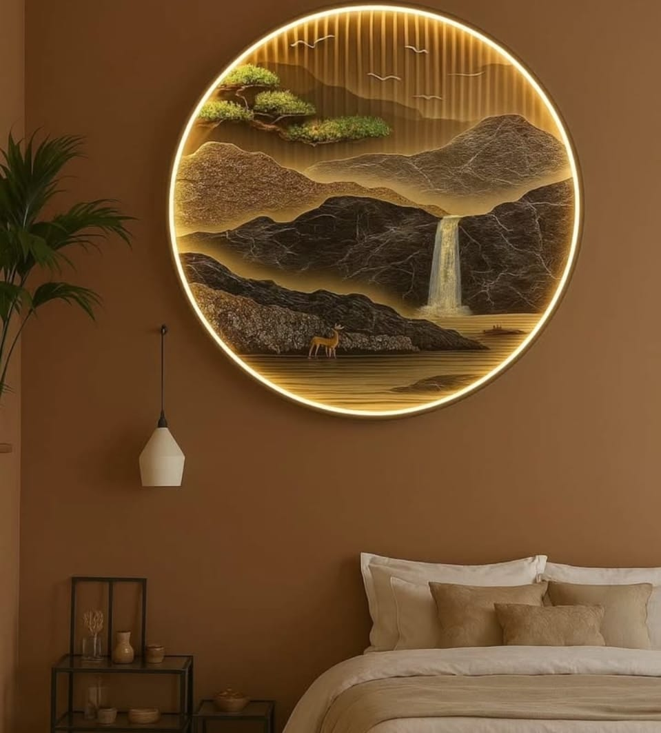 LED Crystal Paintings Circular Mountain Vista LED Crystal Wall Art with Waterfall