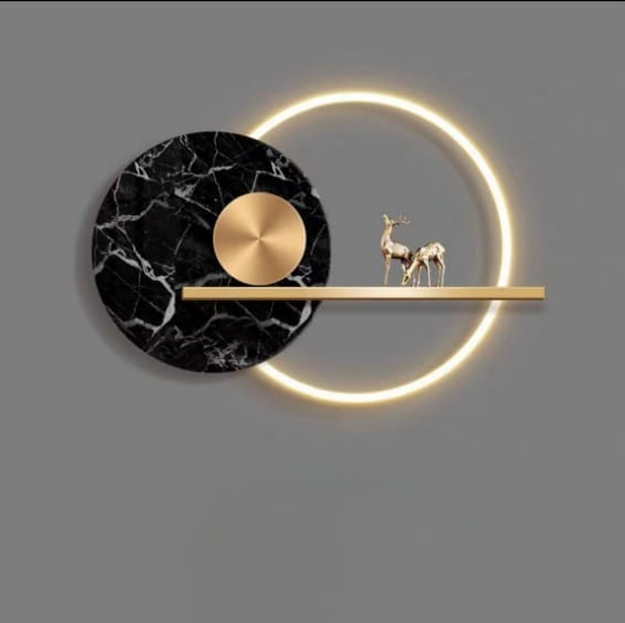 LED Metal Art Golden Circle Serenade Illuminated Deer Figurines on Marble Shelf